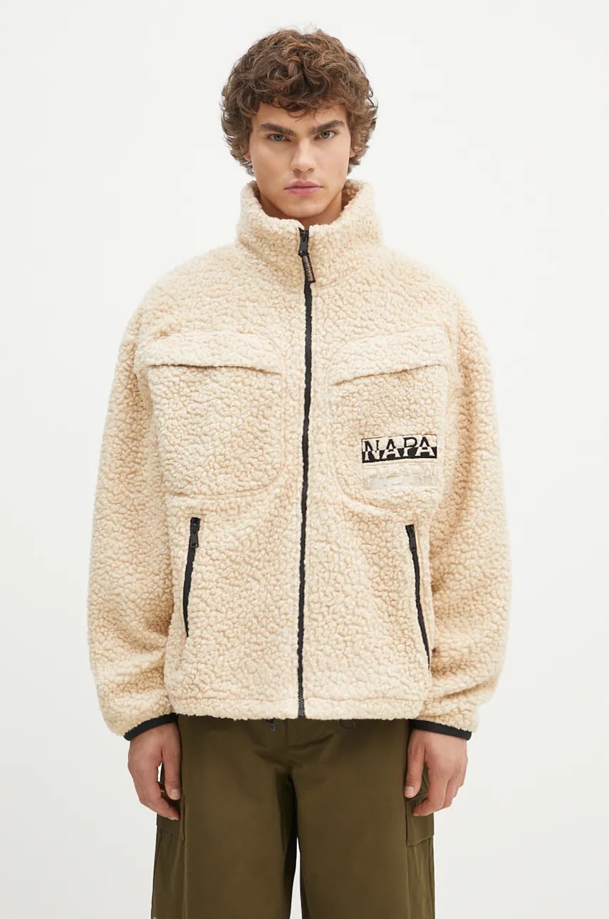 Napapijri hanorac fleece T-Jaman Fz culoarea bej, cu imprimeu, NP0A4HZNN1J1 Napapijri hanorac fleece T-Jaman Fz culoarea bej, cu imprimeu, NP0A4HZNN1J1