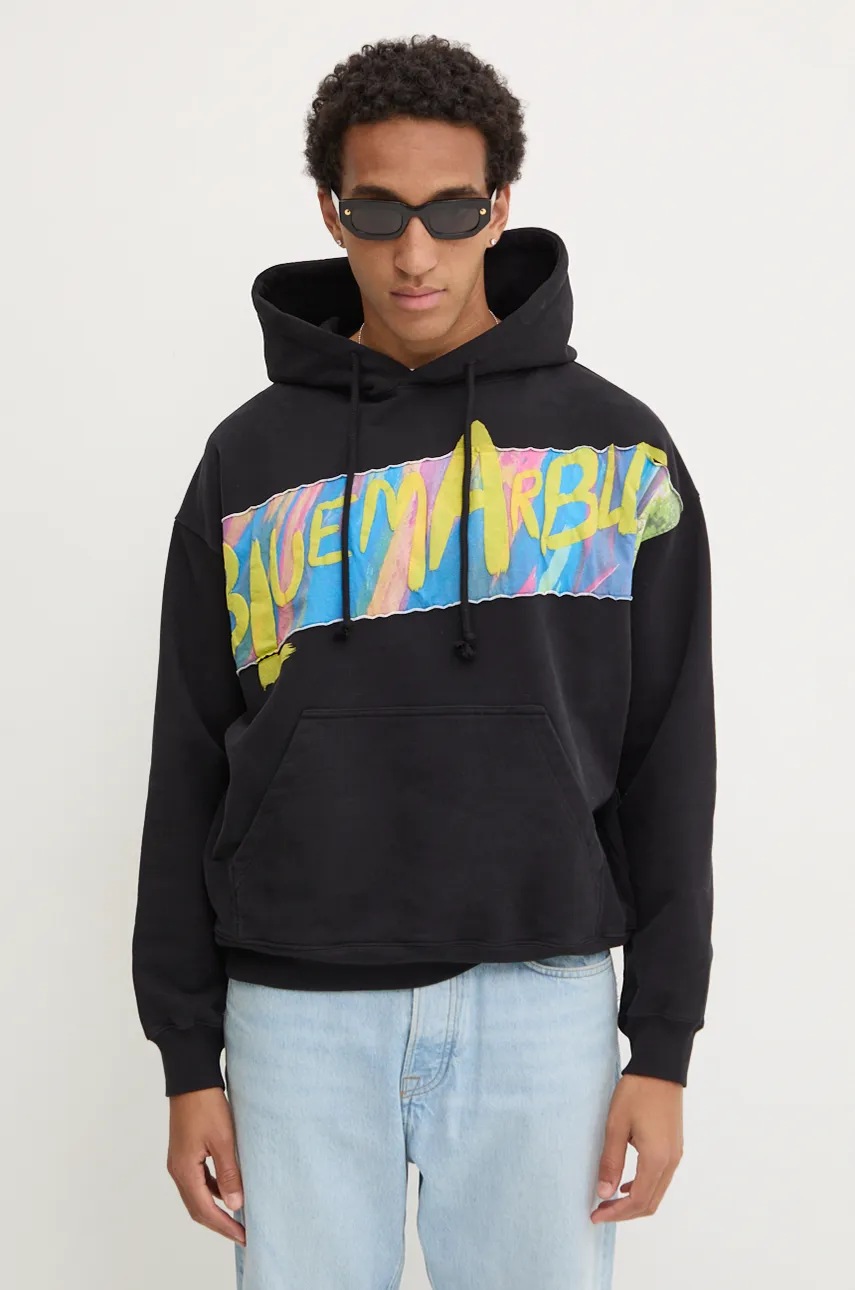 Βαμβακερή μπλούζα BLUEMARBLE χρώμα: μαύρο, με κουκούλα, HO01.FL05B24 φωτογραφία