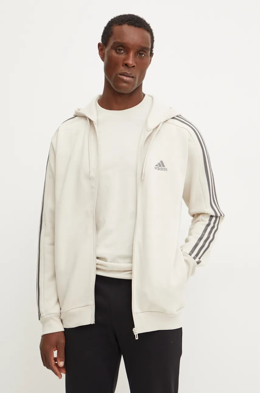 adidas bluză Essentials bărbați, culoarea bej, cu glugă, cu imprimeu, JG5950 adidas bluză Essentials bărbați, culoarea bej, cu glugă, cu imprimeu, JG5950