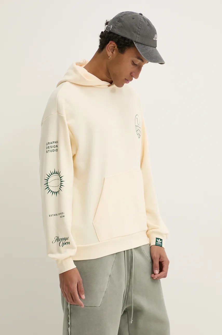 adidas Originals hanorac de bumbac barbati, culoarea bej, cu glugă, cu imprimeu, JJ4038 adidas Originals hanorac de bumbac barbati, culoarea bej, cu glugă, cu imprimeu, JJ4038