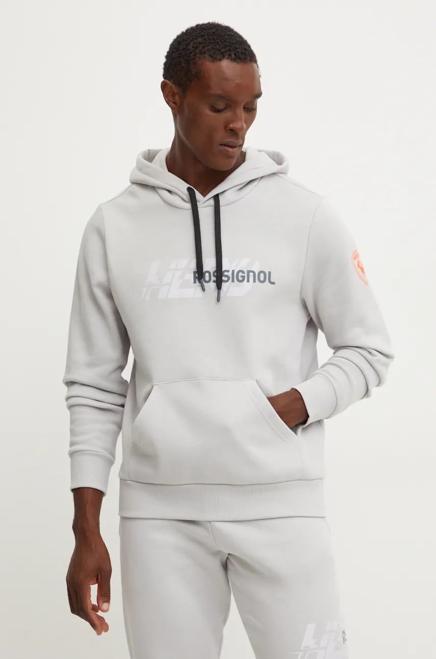 Rossignol hanorac de bumbac HERO barbati, culoarea gri, cu glugă, cu imprimeu, RLNMS01 Rossignol hanorac de bumbac HERO barbati, culoarea gri, cu glugă, cu imprimeu, RLNMS01