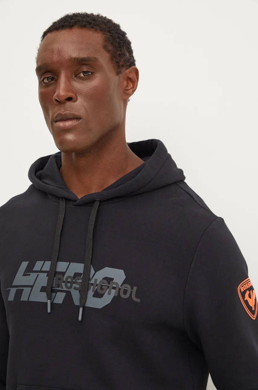 Rossignol hanorac de bumbac HERO barbati, culoarea negru, cu glugă, cu imprimeu, RLNMS01 Rossignol hanorac de bumbac HERO barbati, culoarea negru, cu glugă, cu imprimeu, RLNMS01