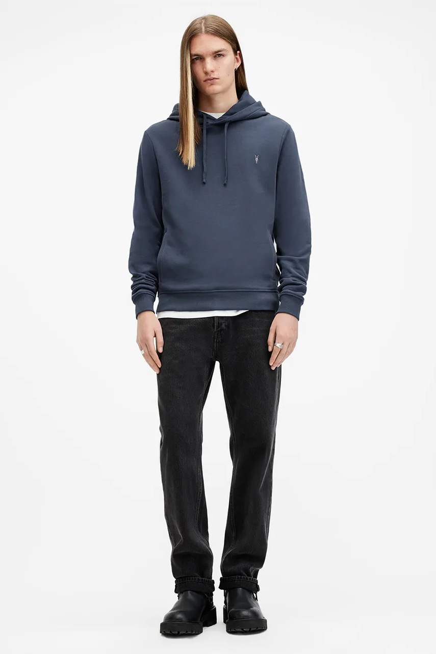 Бавовняна кофта AllSaints RAVEN OTH HOODY чоловіча колір синій з капюшоном однотонна M003NZ 