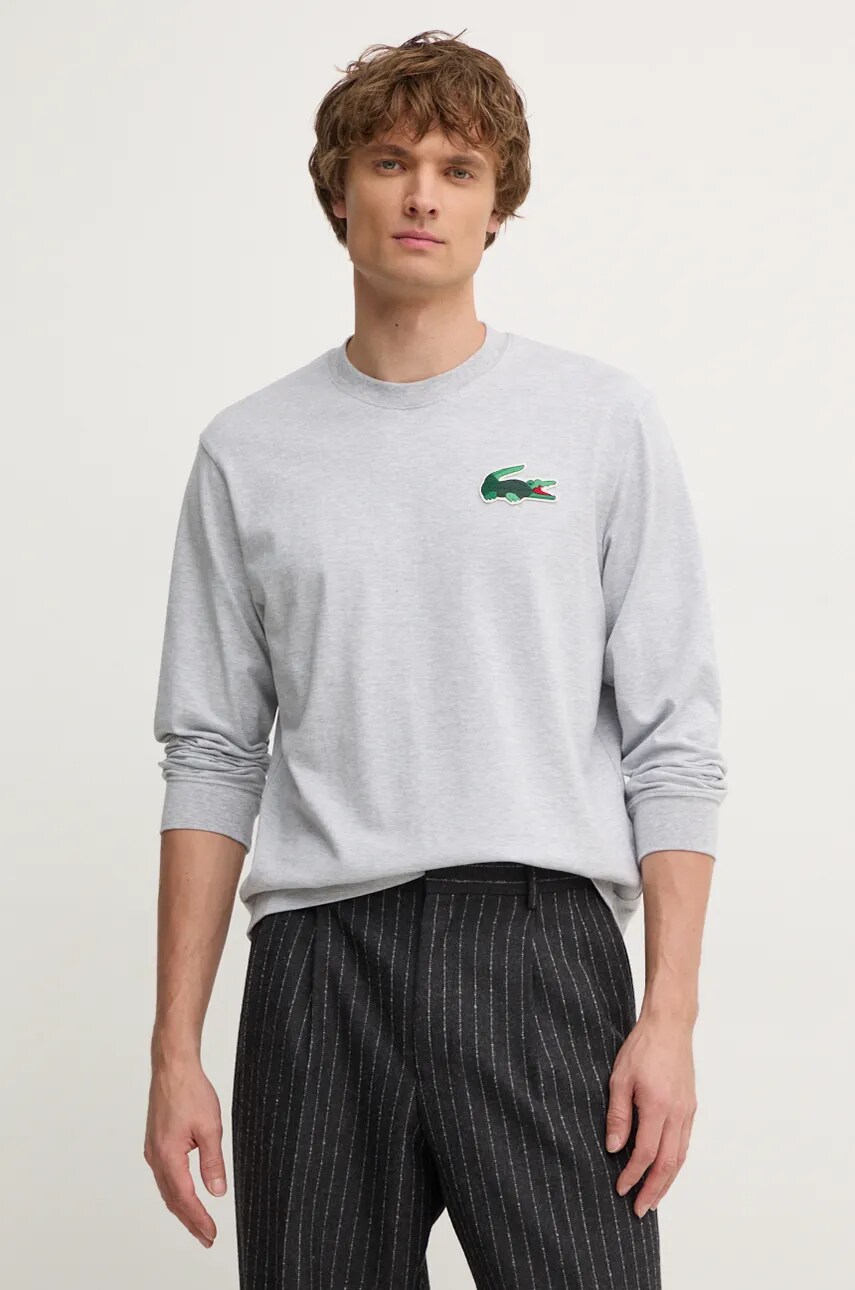 Lacoste longsleeve din bumbac culoarea gri, cu imprimeu, TH6654