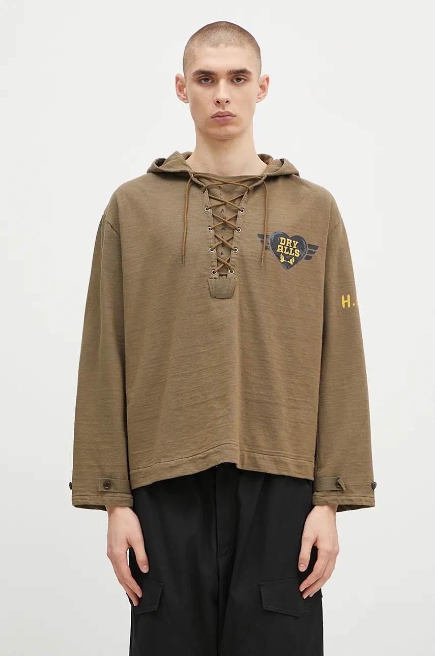Human Made hanorac de bumbac Lace-Up Hooded Pullover bărbați, culoarea verde, cu glugă, cu imprimeu, HM28CS007