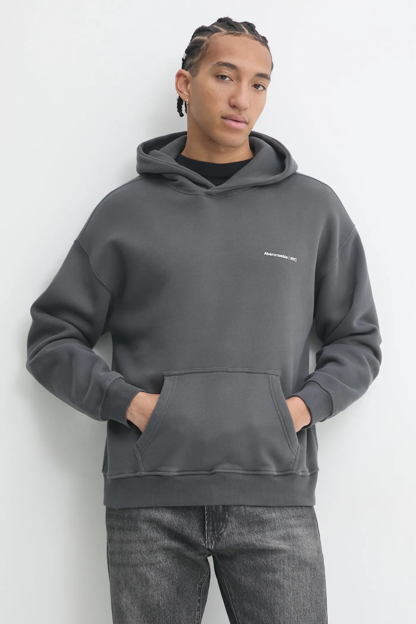 Abercrombie & Fitch bluza barbati, culoarea gri, cu glugă, neted, KI122-4366 Abercrombie & Fitch bluza barbati, culoarea gri, cu glugă, neted, KI122-4366