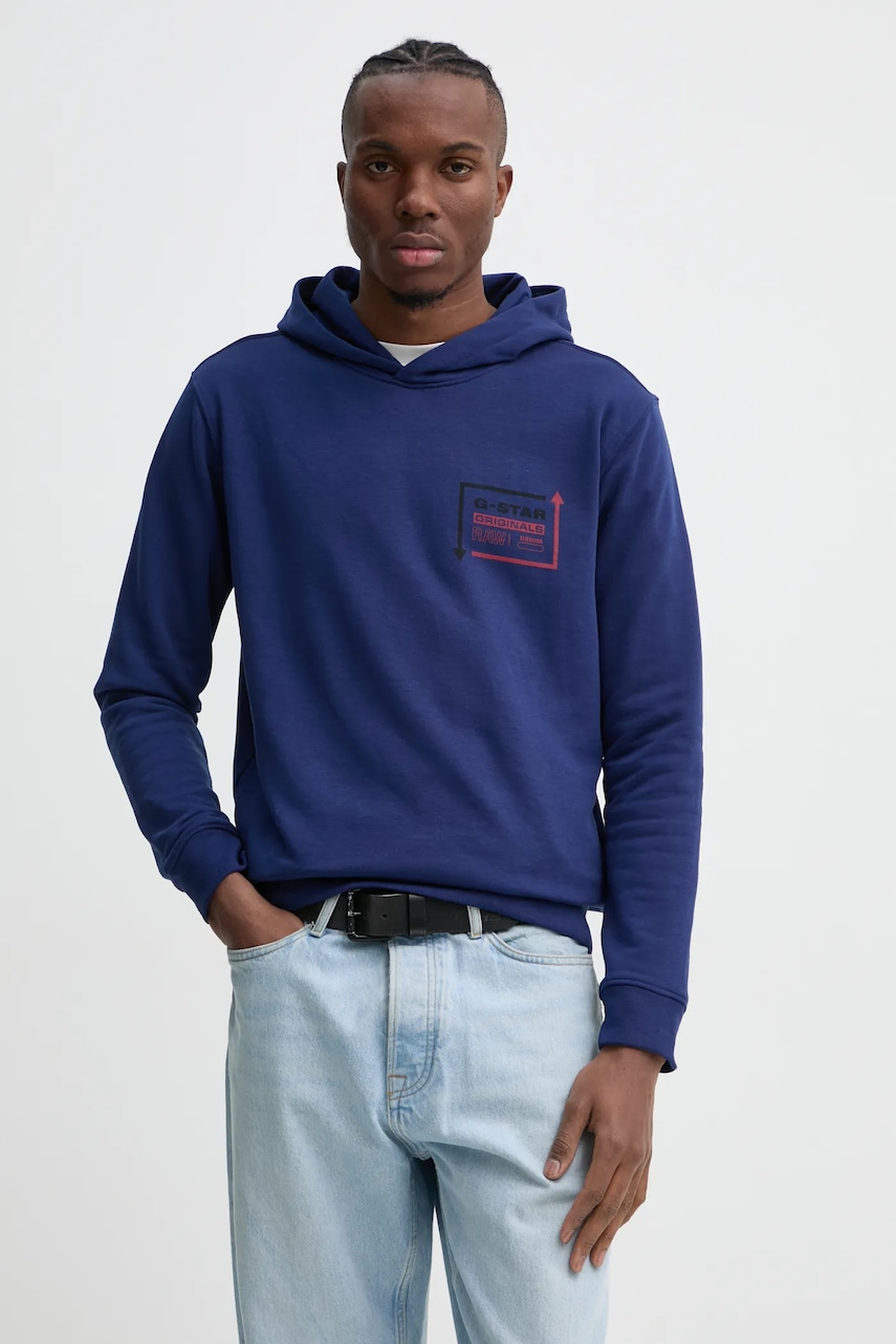 G-Star bluză bărbați, culoarea bleumarin, cu glugă, cu imprimeu, D25442-D797