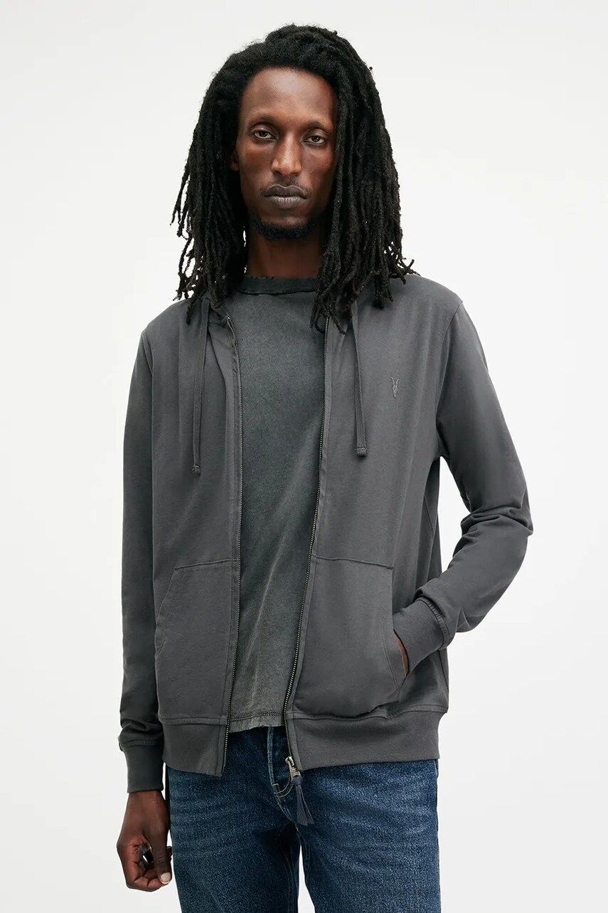 AllSaints hanorac de bumbac BRACE barbati, culoarea gri, cu glugă, neted, M032JB
