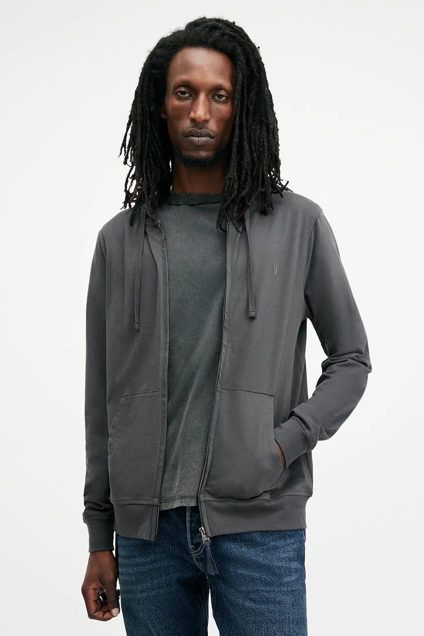 AllSaints hanorac de bumbac BRACE barbati, culoarea gri, cu glugă, neted, M032JB