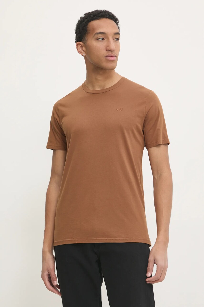 Hollister Co. tricou din bumbac barbati, culoarea maro, neted, KI324-4206