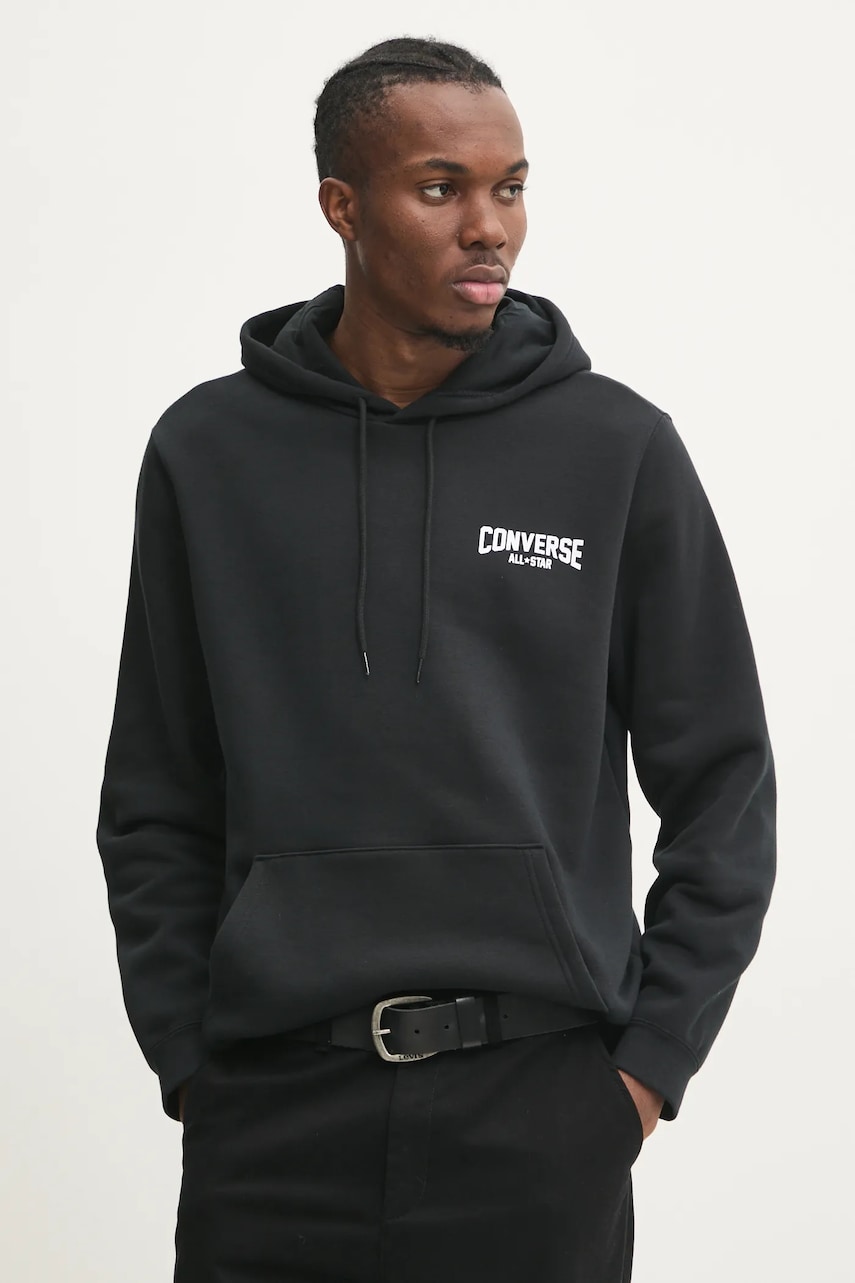 Converse bluză bărbați, culoarea negru, cu glugă, cu imprimeu, 10027108-A01 Converse bluză bărbați, culoarea negru, cu glugă, cu imprimeu, 10027108-A01