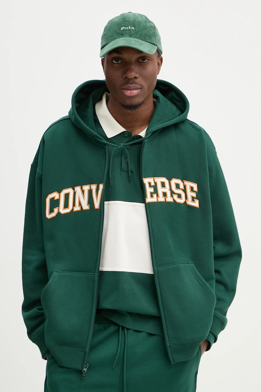 Converse hanorac de bumbac barbati, culoarea verde, cu glugă, cu imprimeu, 10027083-A03
