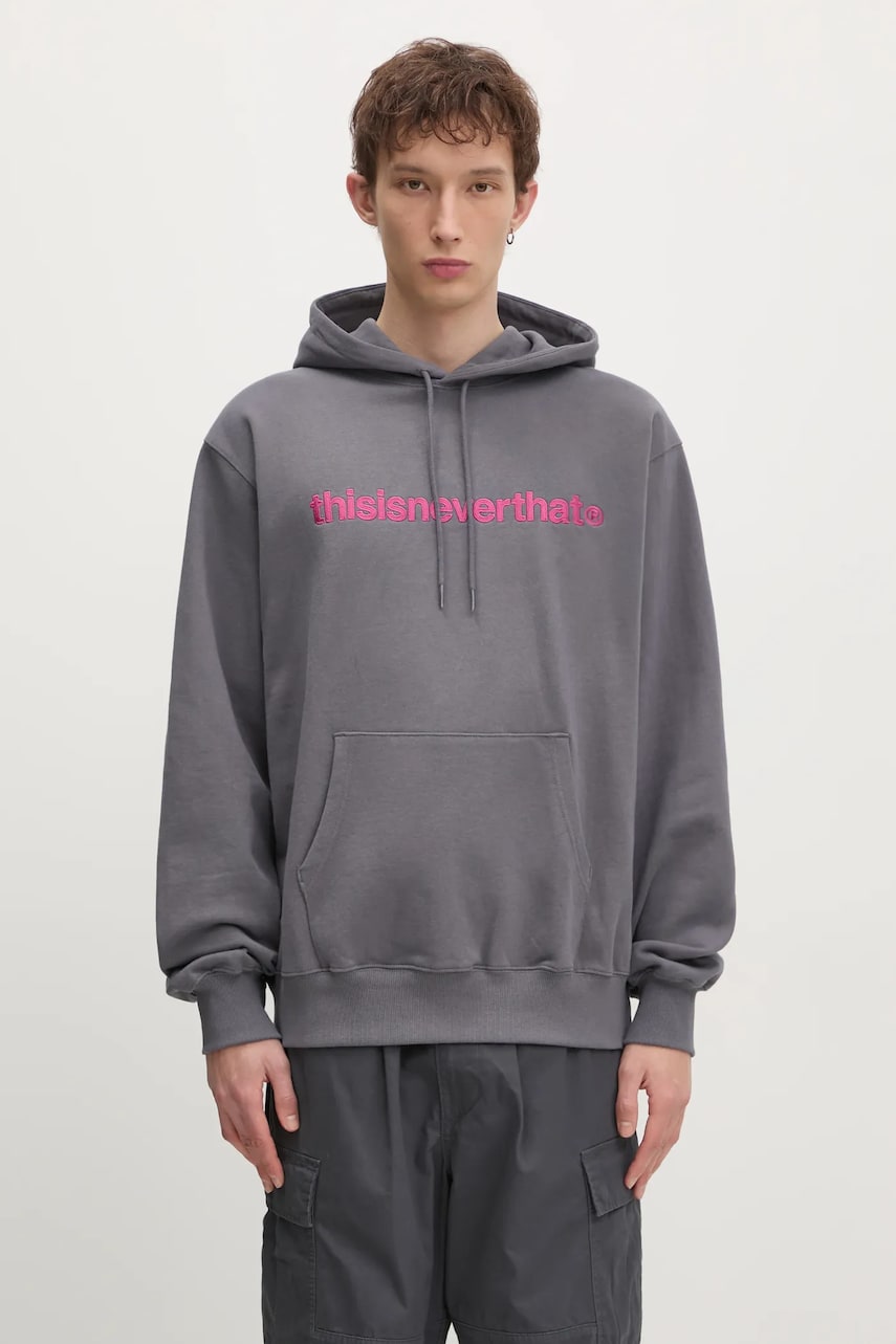 thisisneverthat hanorac de bumbac T-Logo Hoodie barbati, culoarea gri, cu glugă, cu imprimeu, TN243TSWHO01 thisisneverthat hanorac de bumbac T-Logo Hoodie barbati, culoarea gri, cu glugă, cu imprimeu, TN243TSWHO01