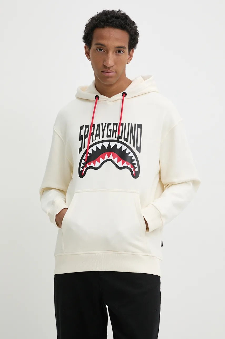 Хлопковая кофта Sprayground цвет бежевый с капюшоном с принтом SP666 Хлопковая кофта Sprayground цвет бежевый с капюшоном с принтом SP666