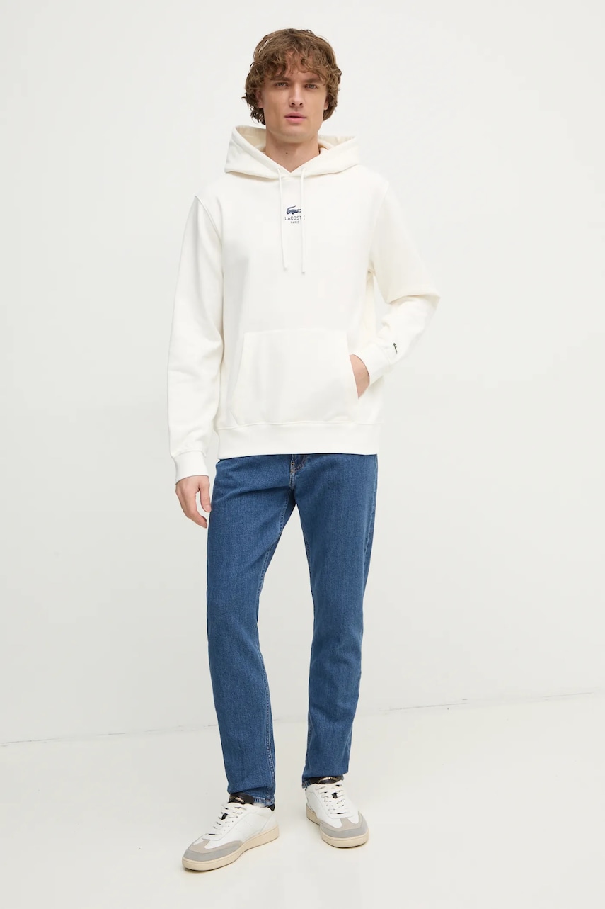 Хлопковая кофта Lacoste цвет белый с капюшоном с принтом SH2740
