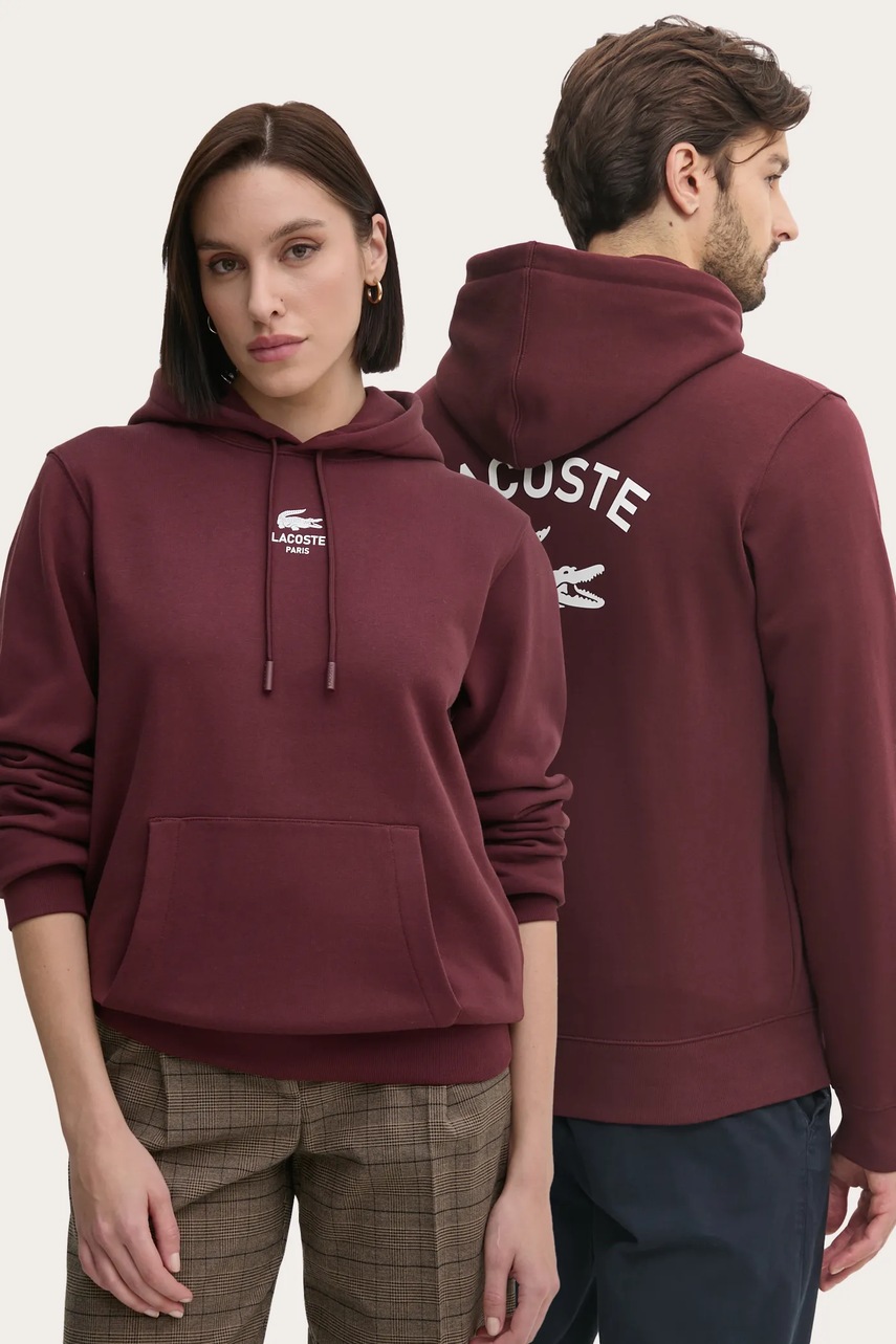 

Памучен суичър Lacoste в бордо с качулка с принт SH2740