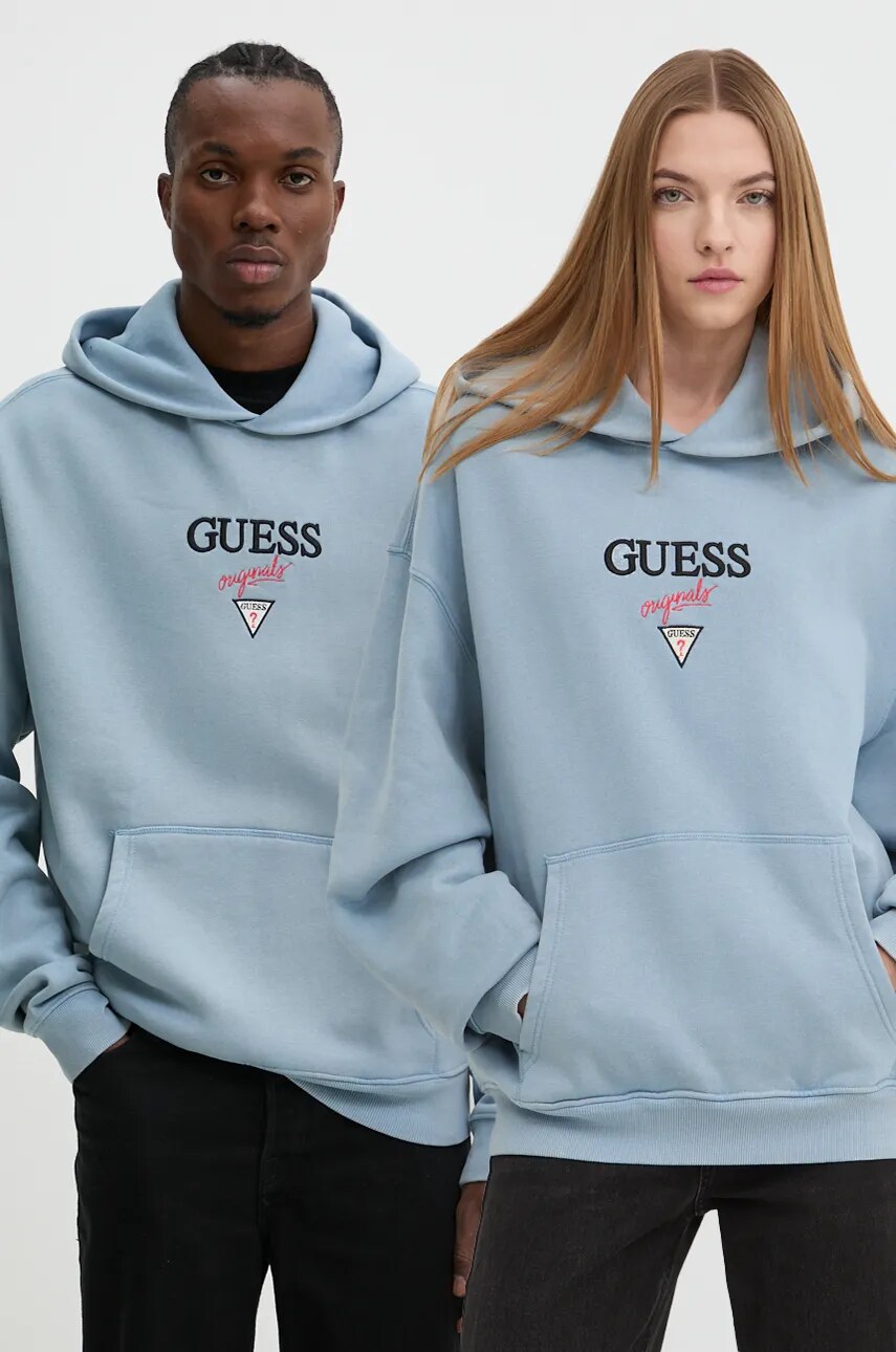 Levně Mikina Guess Originals modrá barva, s kapucí, s aplikací, M4BQ29 K9V31