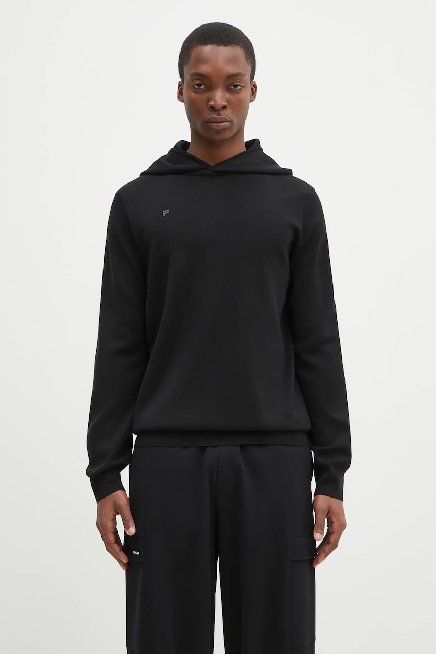 Pangaia bluza din lana culoarea negru, cu glugă, neted, 10001273