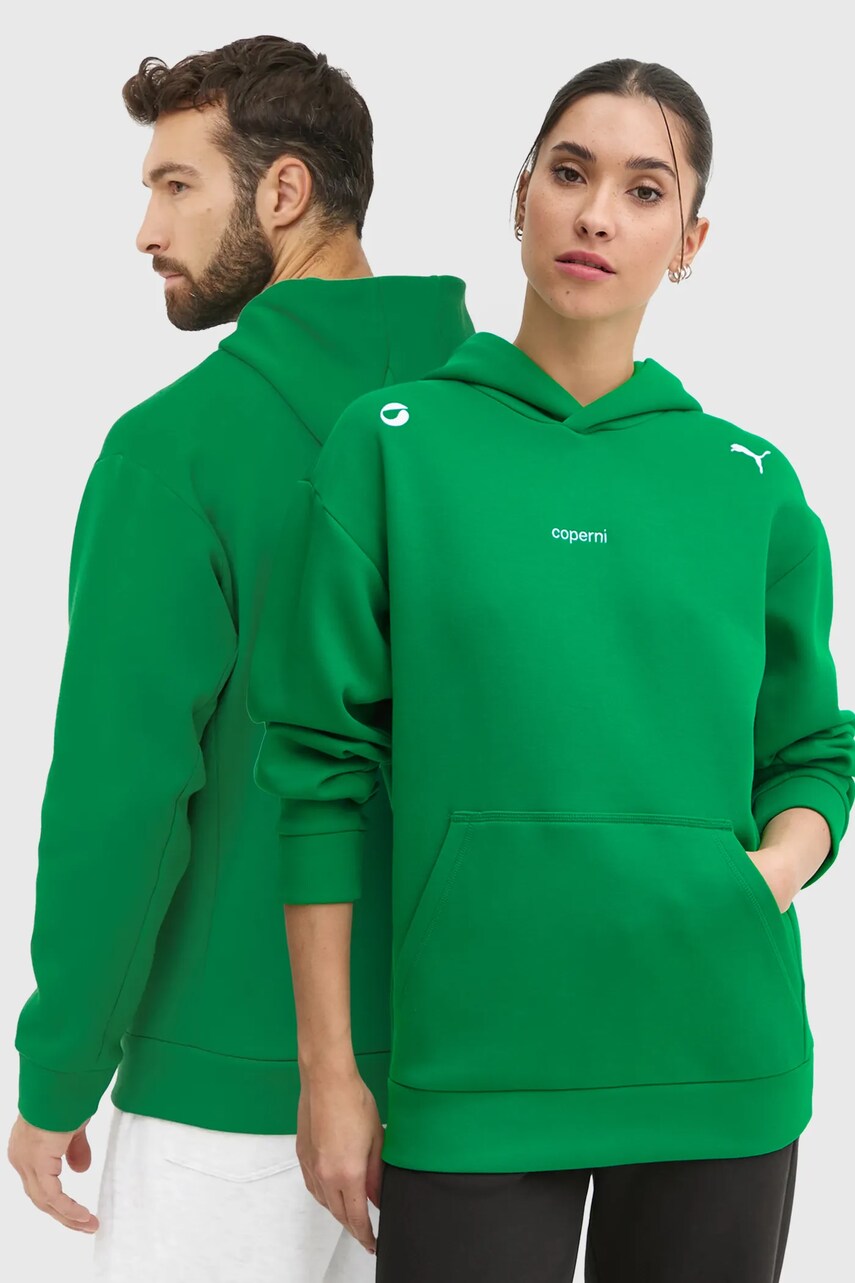 Coperni bluza x Puma culoarea verde, cu glugă, neted, 628304