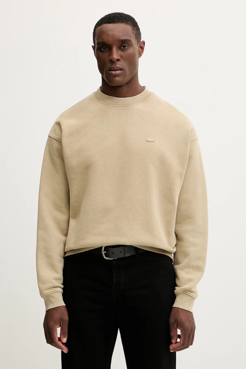 Lacoste hanorac de bumbac culoarea bej, neted