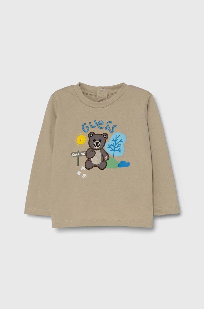 

Бебешка памучна блуза с дълъг ръкав Guess в бежово с апликация I4YI05 K8HM3, Бежов