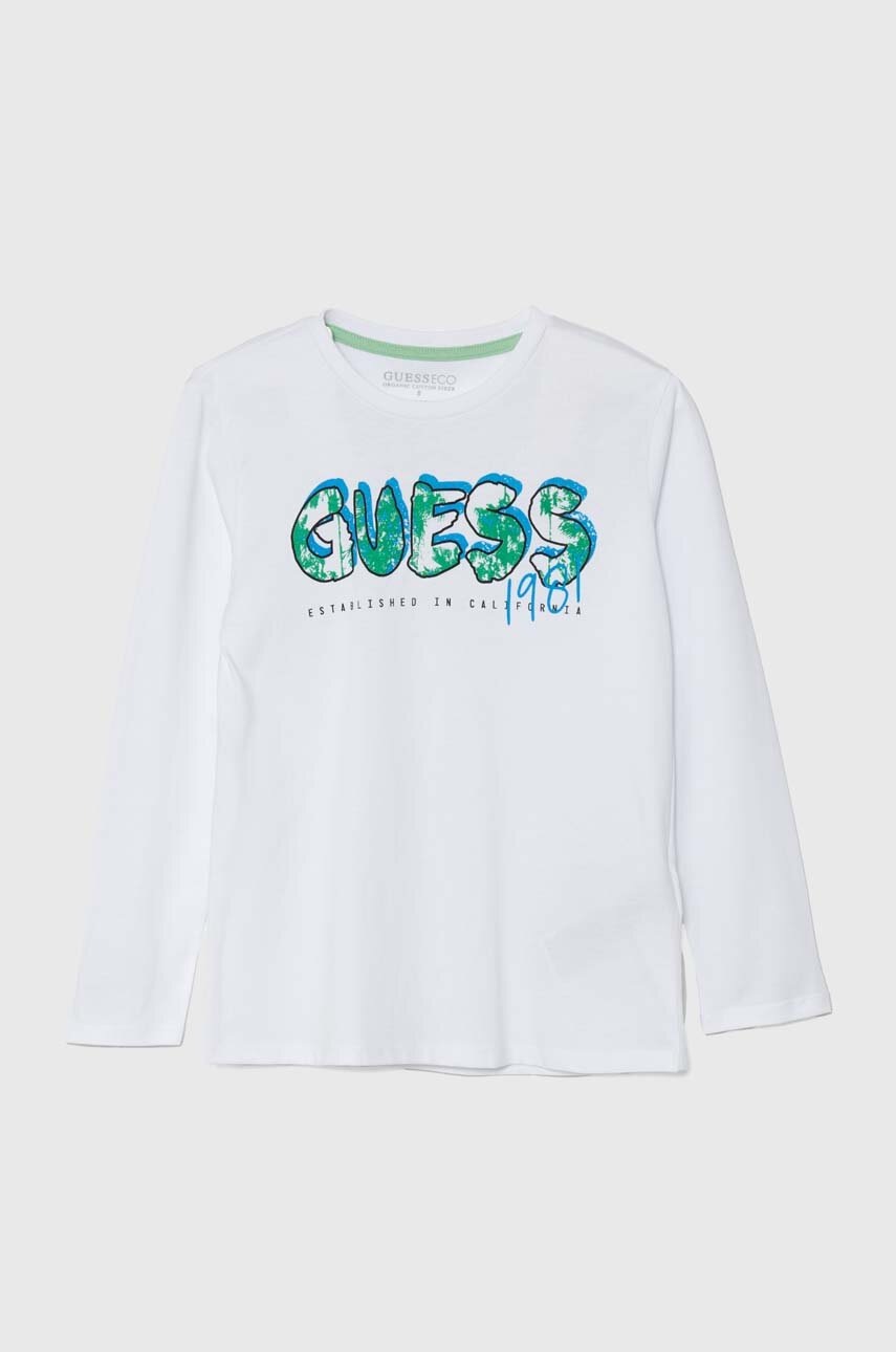 

Детска блуза с дълги ръкави Guess в бяло с принт L4YI21 K8HM4, Бял