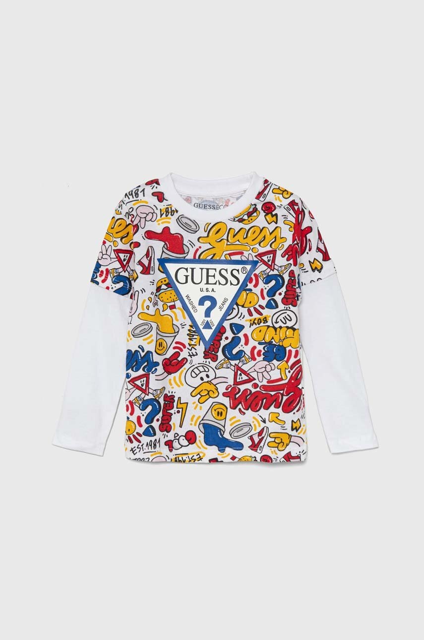 

Детска блуза с дълги ръкави Guess в бяло с десен N4YI12 K8HM3, Бял
