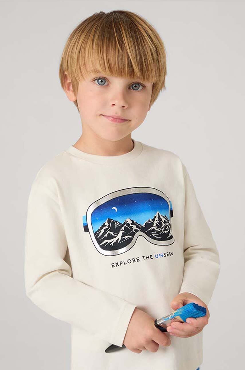 Mayoral longsleeve din bumbac pentru copii culoarea bej, cu imprimeu, 4056