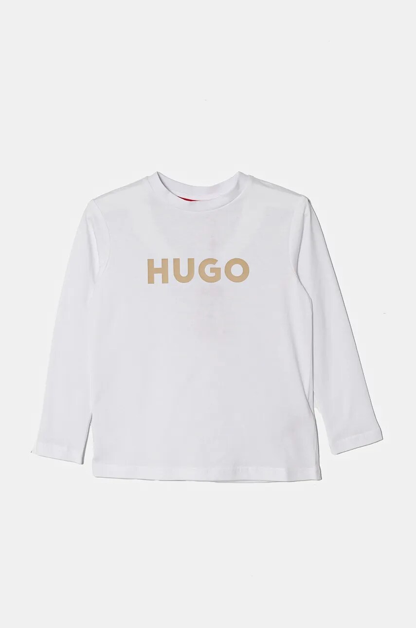 HUGO longsleeve din bumbac pentru copii culoarea alb, cu imprimeu, G00145