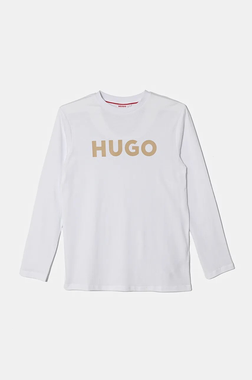 HUGO longsleeve din bumbac pentru copii culoarea alb, cu imprimeu, G00145