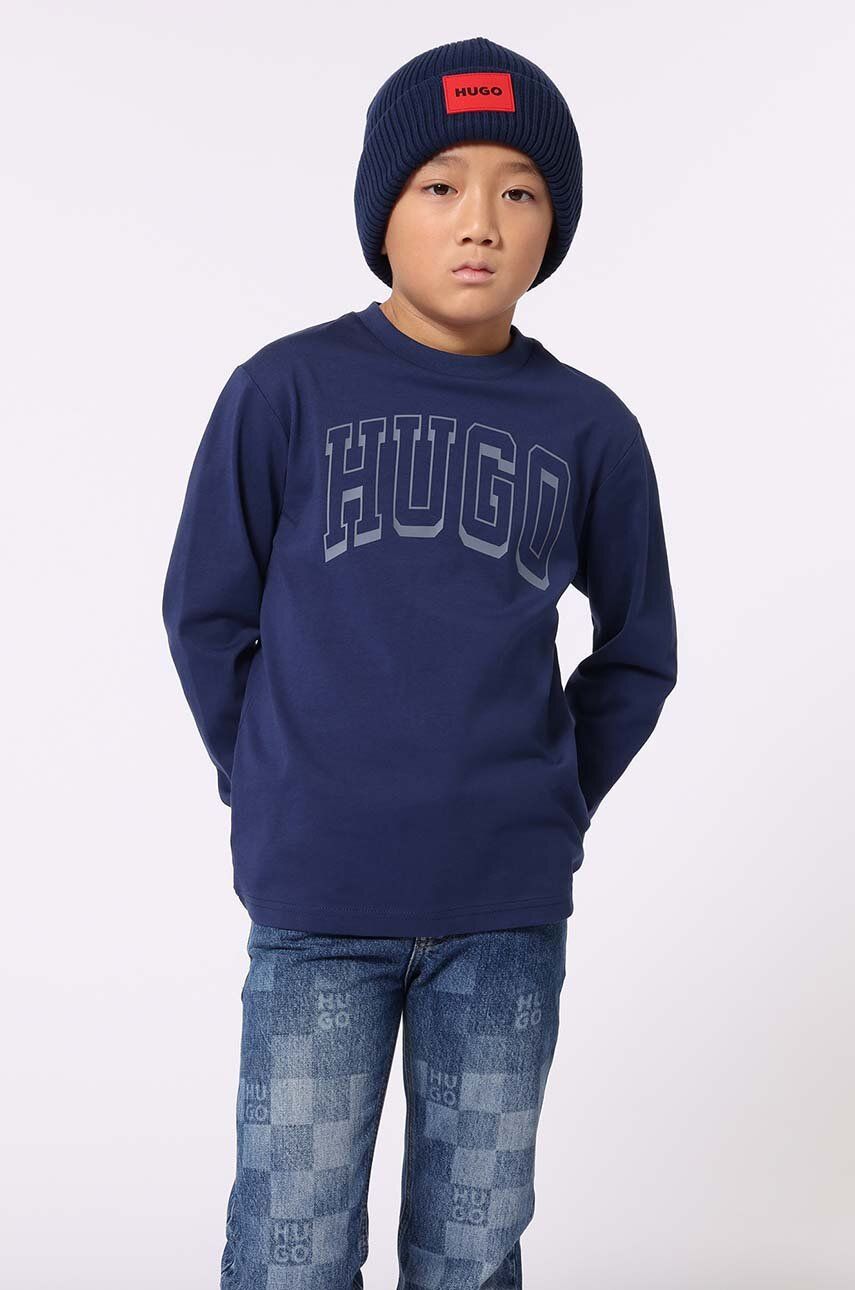 HUGO longsleeve din bumbac pentru copii culoarea albastru marin, cu imprimeu, G00148