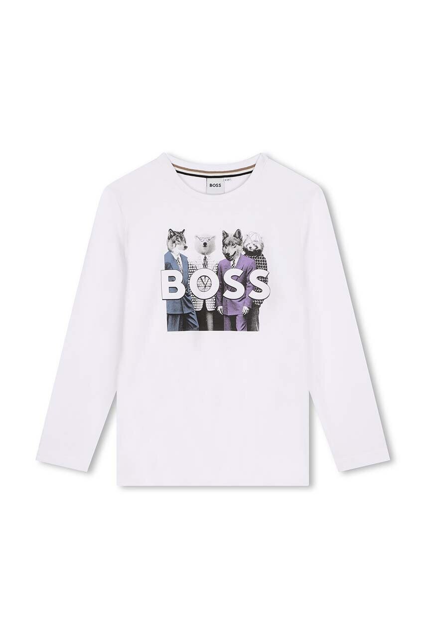 BOSS longsleeve din bumbac pentru copii culoarea alb, cu imprimeu, J51225