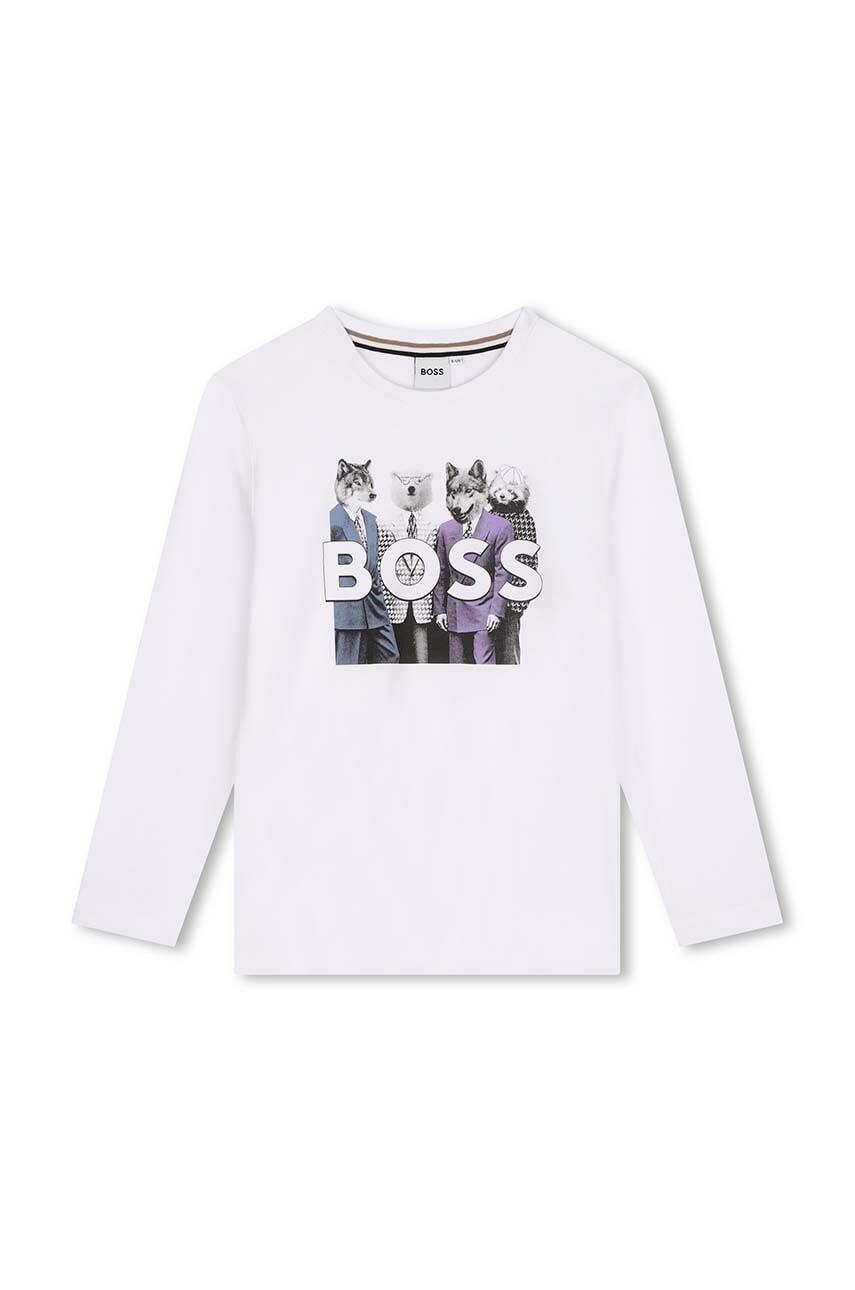BOSS longsleeve din bumbac pentru copii culoarea alb, cu imprimeu, J51225
