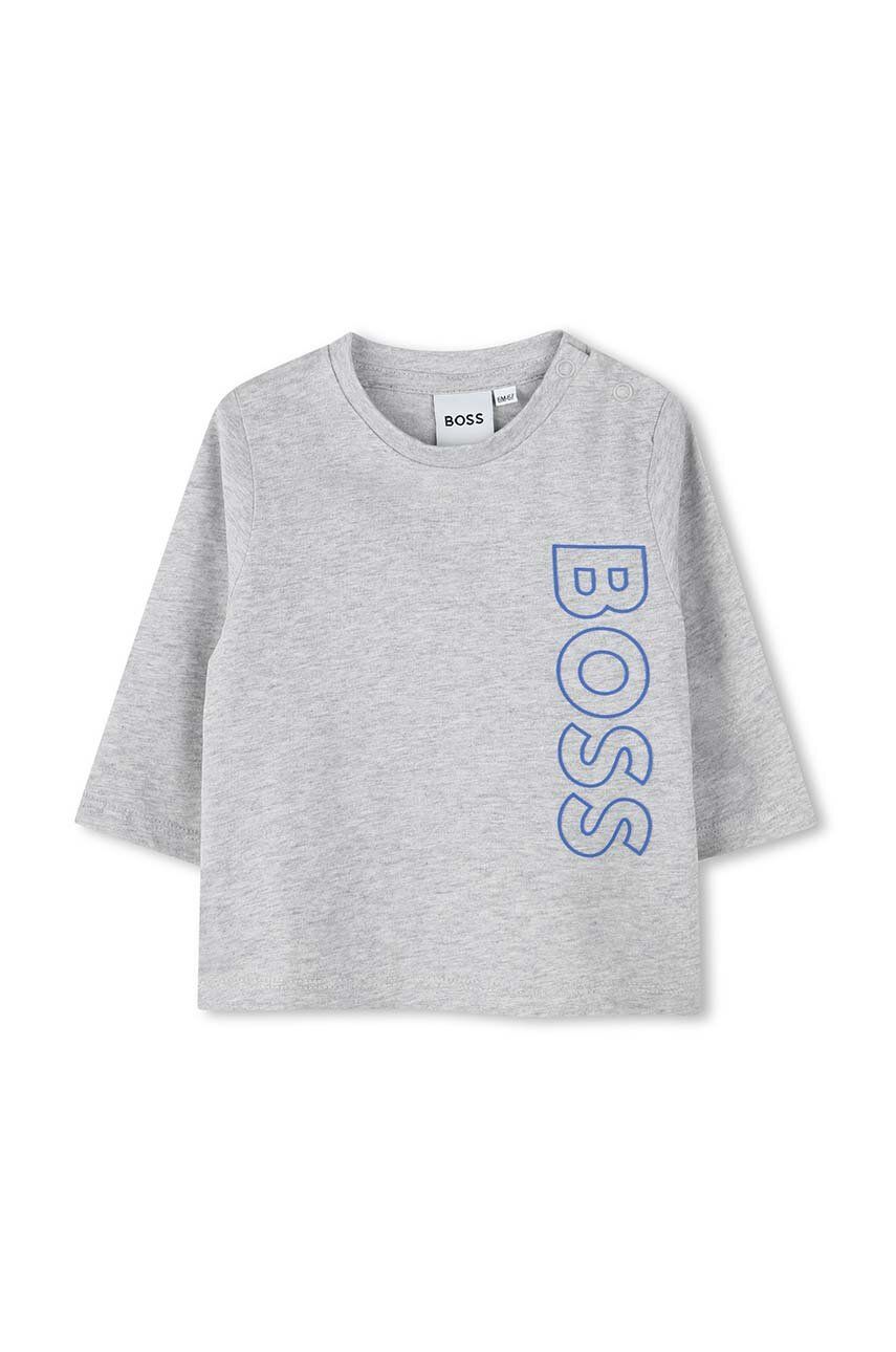 BOSS longsleeve din bumbac pentru bebeluși culoarea gri, cu imprimeu, J51293