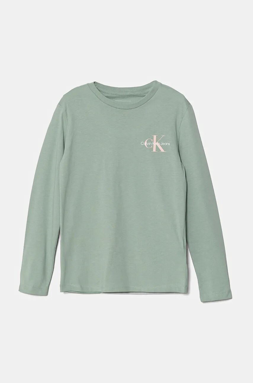 Levně Dětské tričko s dlouhým rukávem Calvin Klein Jeans zelená barva, s potiskem, IU0IU00677