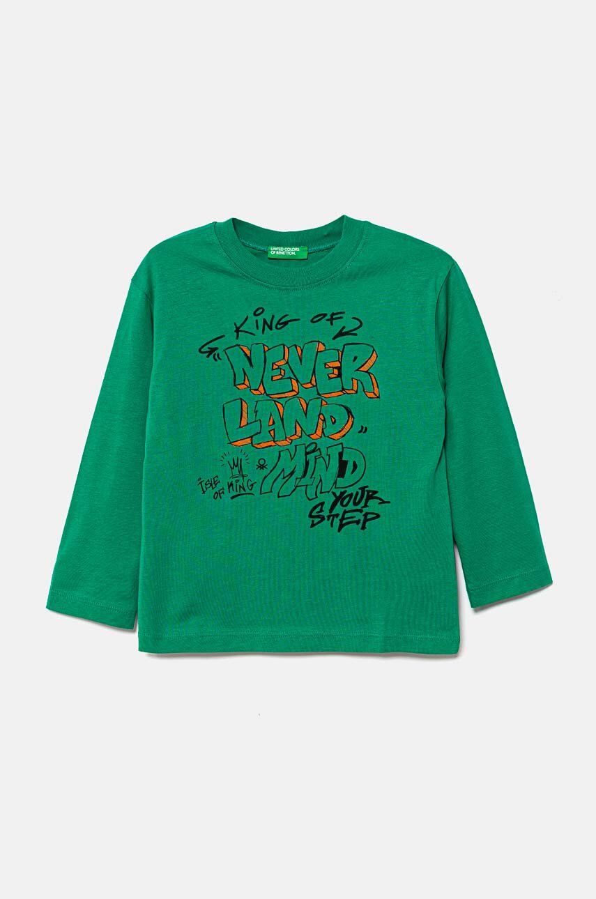 United Colors of Benetton longsleeve din bumbac pentru copii culoarea verde, cu imprimeu, 3096G10FM