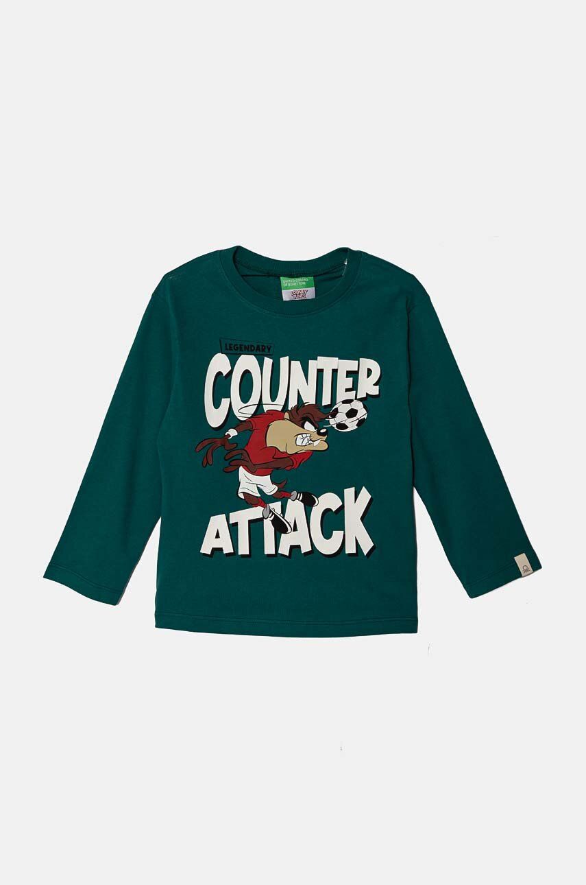 United Colors of Benetton longsleeve din bumbac pentru copii x Looney Tunes culoarea verde, cu imprimeu, 3ATNG10GY