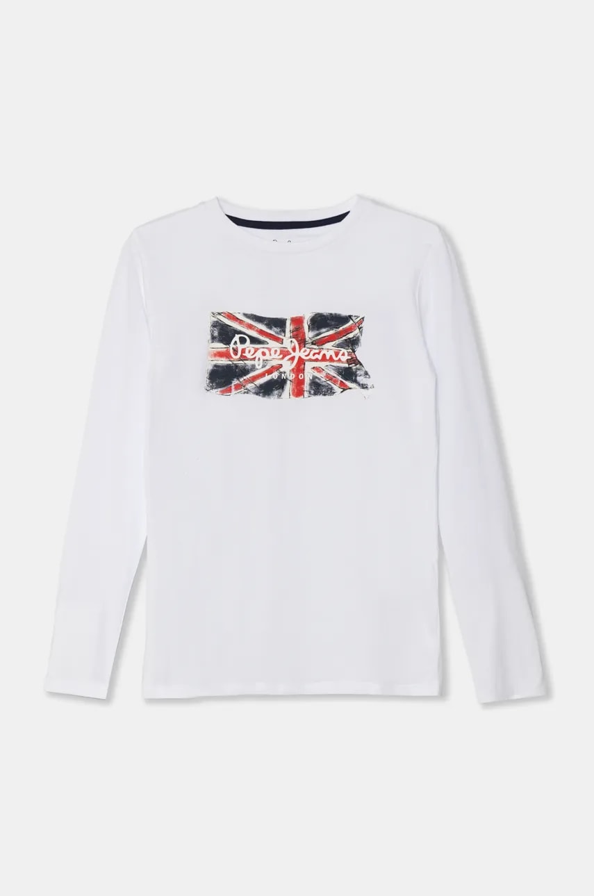 Pepe Jeans longsleeve din bumbac pentru copii CLAG LS culoarea alb, cu imprimeu, PB503916 Pepe Jeans longsleeve din bumbac pentru copii CLAG LS culoarea alb, cu imprimeu, PB503916