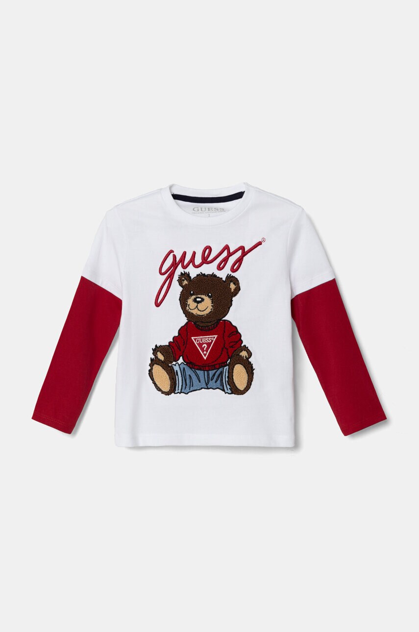 Levně Dětské bavlněné tričko Guess bílá barva, s aplikací, N4BI08 I3Z14