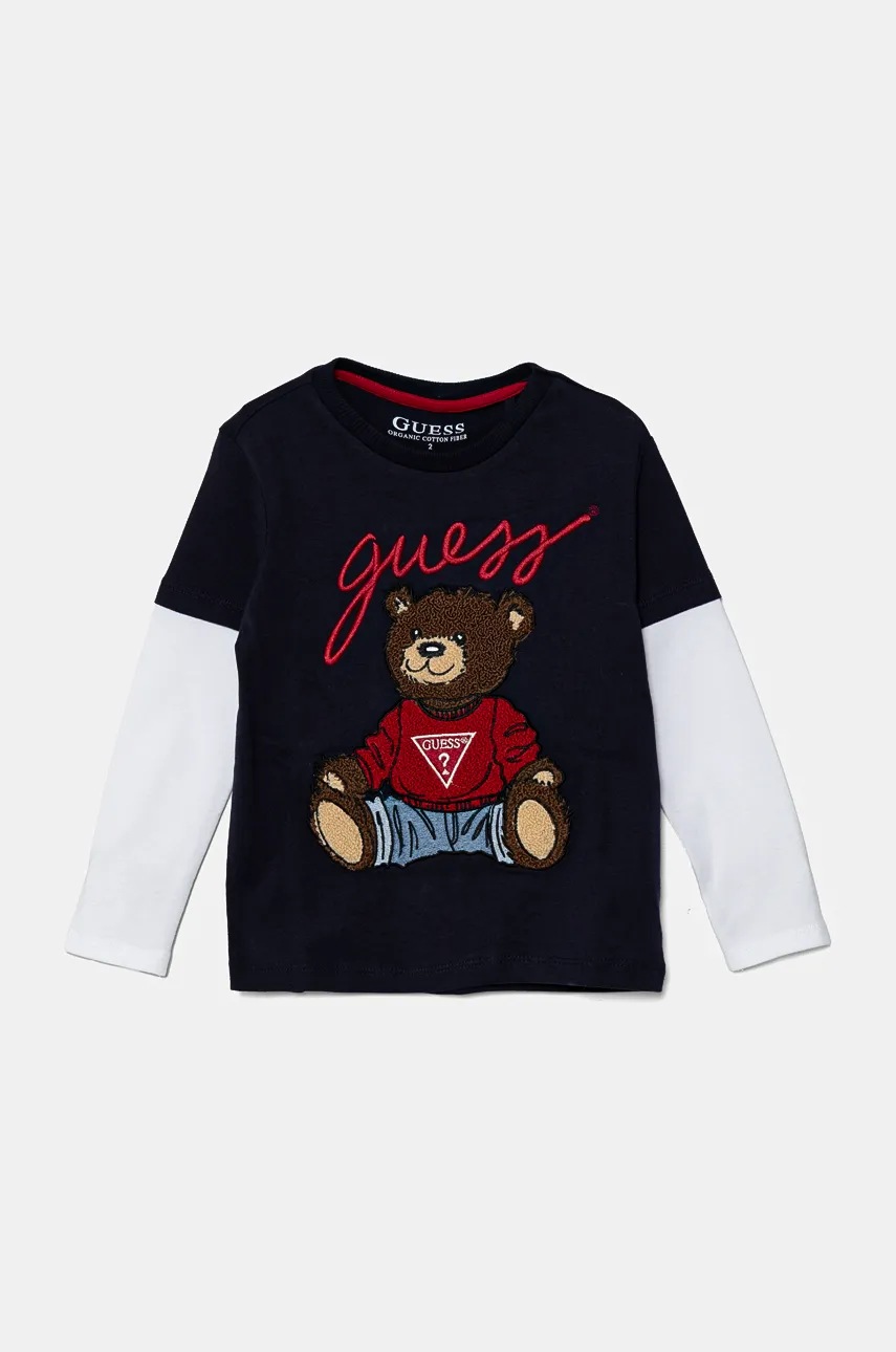 Levně Dětské bavlněné tričko Guess tmavomodrá barva, s aplikací, N4BI08 I3Z14