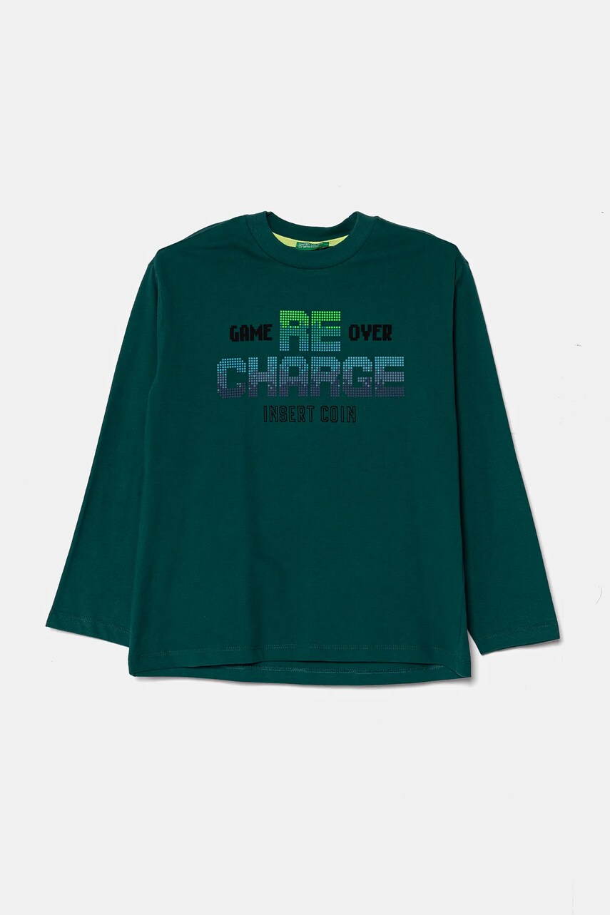 Levně Dětské bavlněné tričko s dlouhým rukávem United Colors of Benetton zelená barva, s potiskem, 3EG9C10M6