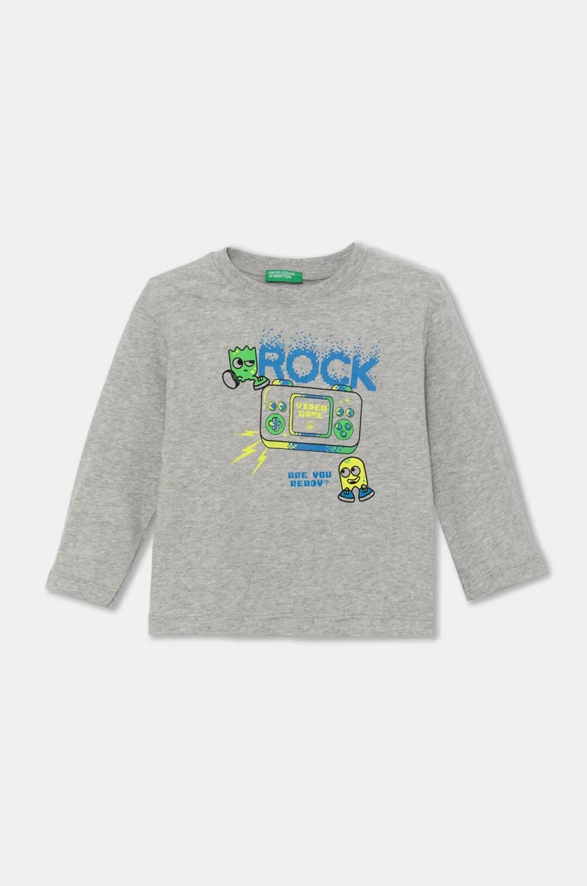 United Colors of Benetton longsleeve din bumbac culoarea gri, cu imprimeu, 3ATNG10G7