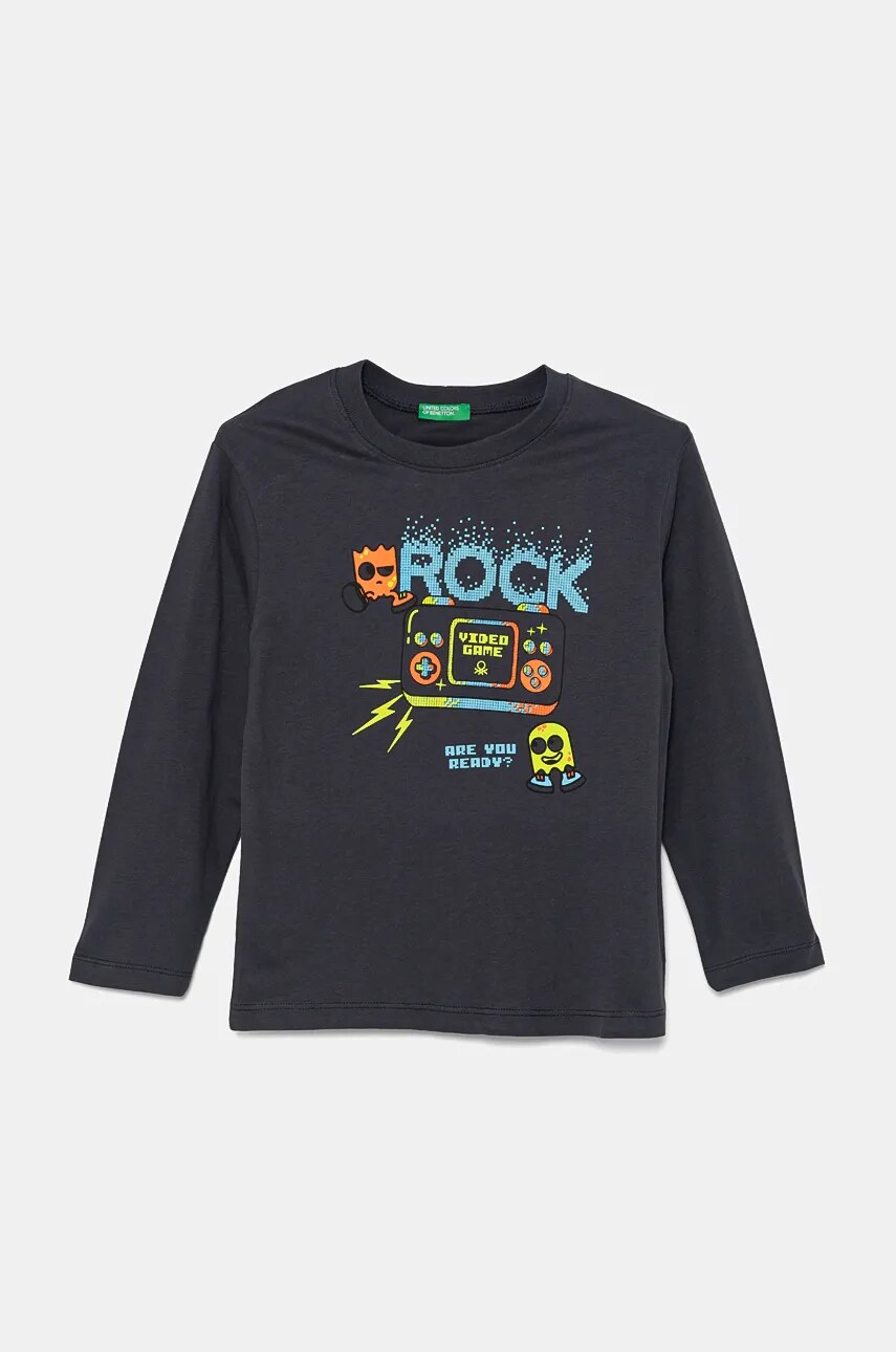 United Colors of Benetton longsleeve din bumbac culoarea gri, cu imprimeu, 3ATNG10G7