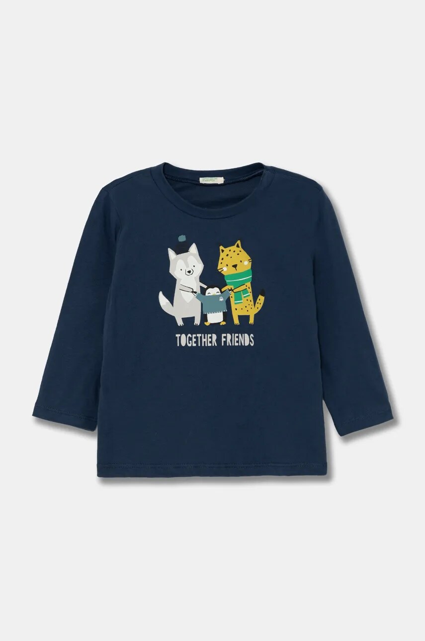 United Colors of Benetton longsleeve din bumbac pentru bebeluși culoarea albastru marin, cu imprimeu, 3ATNA105F