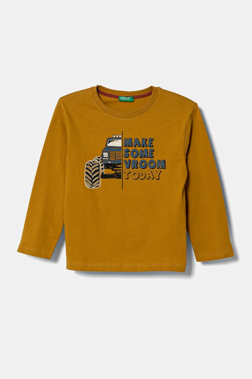 Levně Dětské bavlněné tričko s dlouhým rukávem United Colors of Benetton žlutá barva, s potiskem, 3EG9G10GH