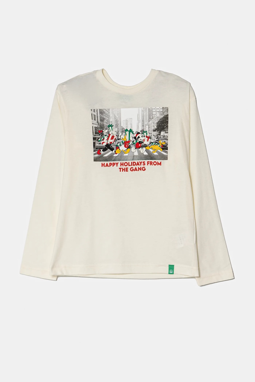 United Colors of Benetton longsleeve culoarea bej, cu imprimeu, 3ATNC10LE