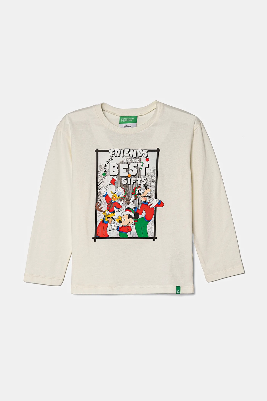 Dětské bavlněné tričko s dlouhým rukávem United Colors of Benetton béžová barva, s potiskem, 3ATNG10GP
