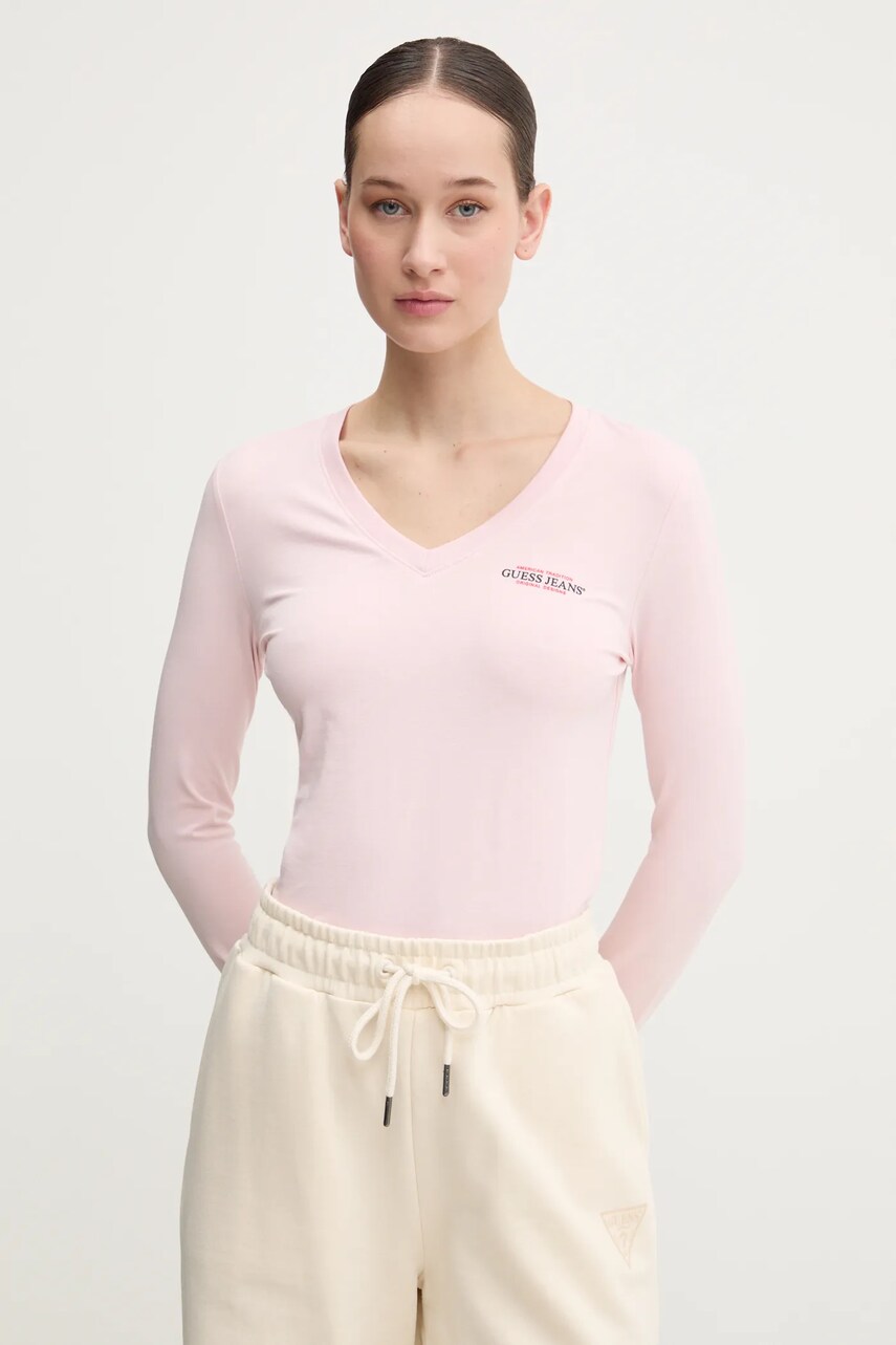 Levně Tričko s dlouhým rukávem Guess Jeans růžová barva, W4YI21 J1314