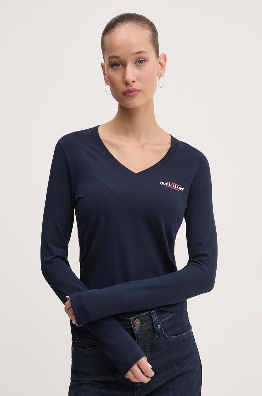 Levně Tričko s dlouhým rukávem Guess Jeans tmavomodrá barva, W4YI21 J1314