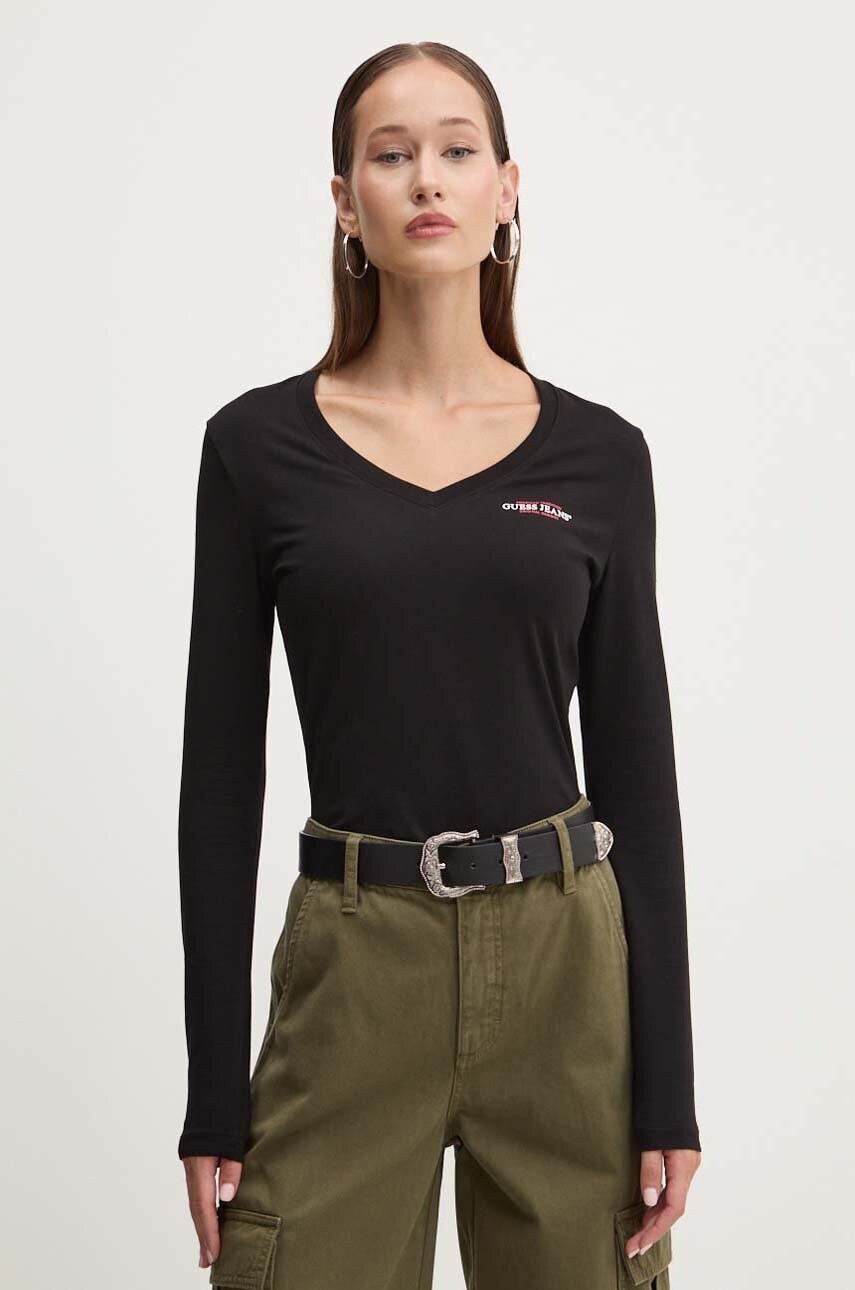 Levně Tričko s dlouhým rukávem Guess Jeans černá barva, W4YI21 J1314